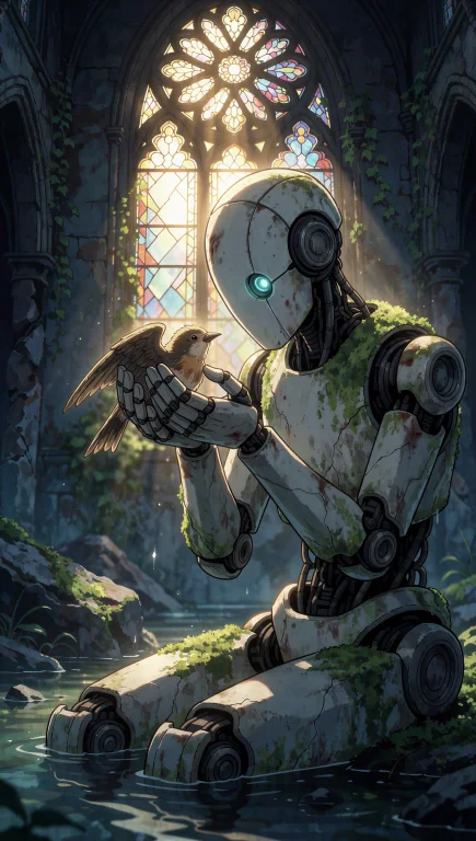 A Dimly Lit Scene Featuring A Weathered Android Sitting Alon...
