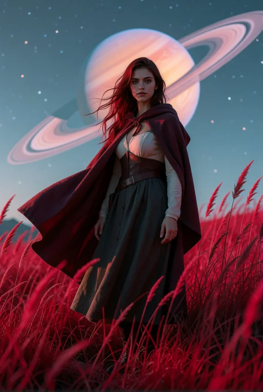 A Young Woman Stands In A Field Of Tall Crimson Grass Under...