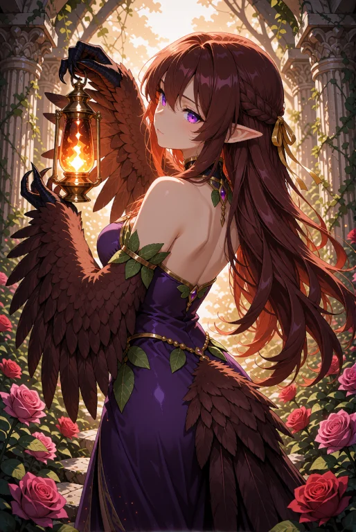 An Adult Harpy Woman With Rich Auburn Hair With Gold Ribbon...