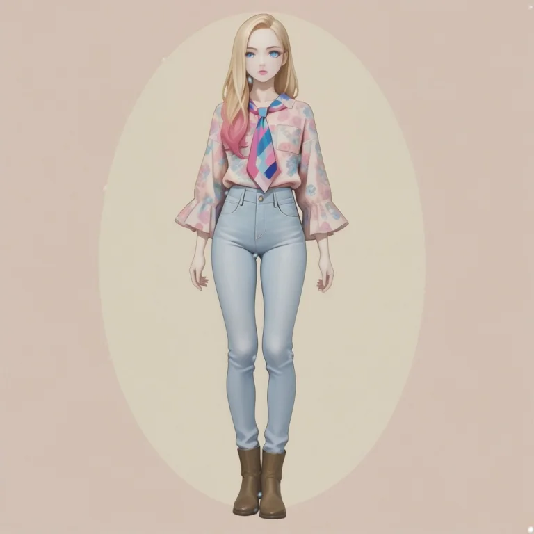 A Long Blonde Hair Woman, Pale Pink Lips, Blue Eyes, Brown B...