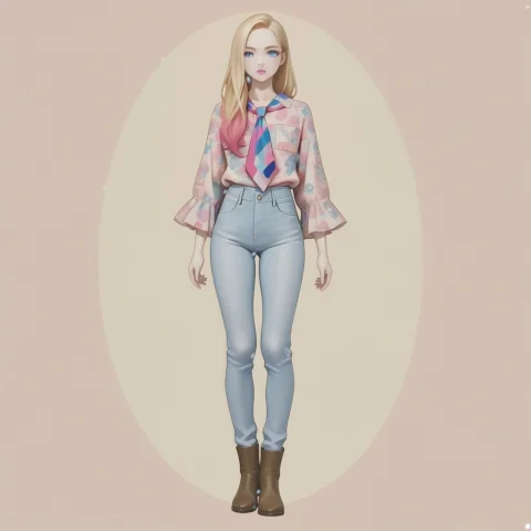 A Long Blonde Hair Woman, Pale Pink Lips, Blue Eyes, Brown B... — Stable Diffusion AI Prompt: a long blonde hair woman, pale pink lips, blue eyes, brown boots, bell bottom je...