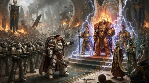 An Image Of The Emperor Of Mankind And Horus Offering Peace... — Stable Diffusion AI Prompt: An image of The Emperor of Mankind and Horus offering peace terms to the Eldar o...