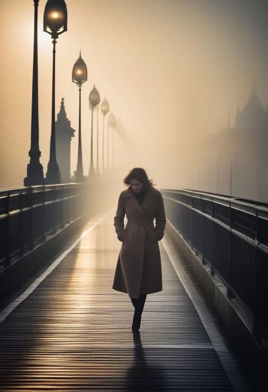 A Windblown Coat On A Foggy City Bridge, Backlit Silhouette,...