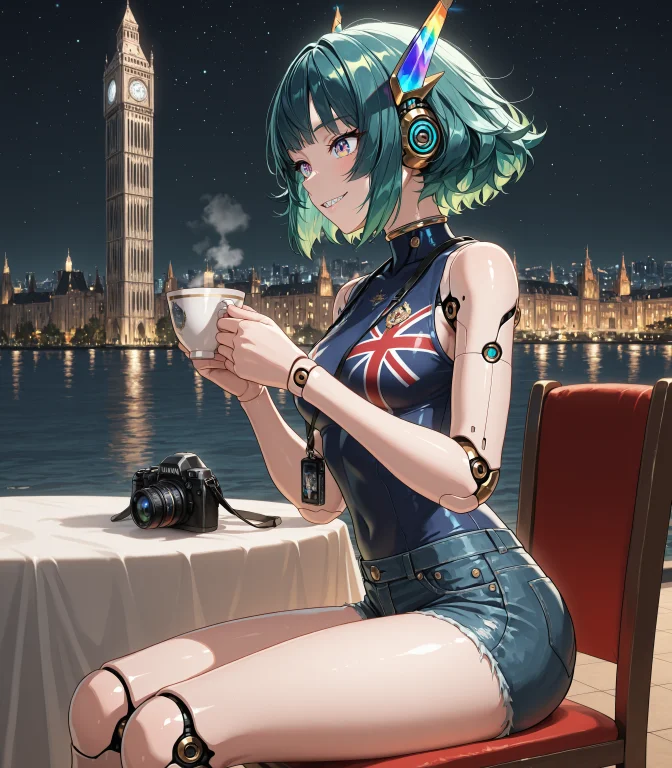 1girl, Solo, Ur4n, Robot Ears, Short Hair, Green Hair, Bangs...