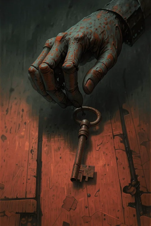 A Hand Holds A Key Above A Wooden Surface In This Image. Ren...