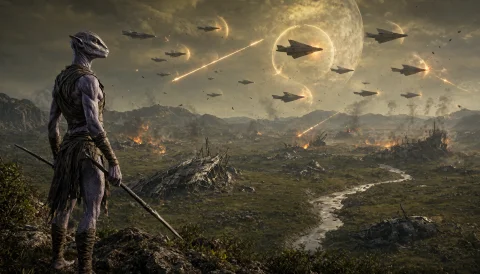 A Photorealistic Science-fiction Landscape Fills The Entire... — Stable Diffusion AI Prompt: A photorealistic science-fiction landscape fills the entire frame in a 16:9 comp...