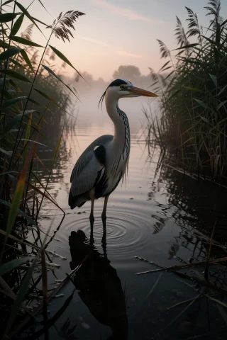 Photograph Of A Tall, Slender Heron Standing In Shallow, Ref... — Stable Diffusion AI Prompt: Photograph of a tall, slender heron standing in shallow, reflective water at daw...