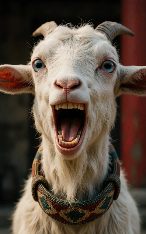 A Close-up Of A White, Goat-like Creature With Wide, Blue Ey...