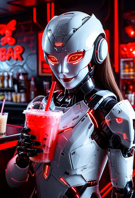 Whiteembertech, Portrait Of A Cute Girly Robot Drinking Bubb...