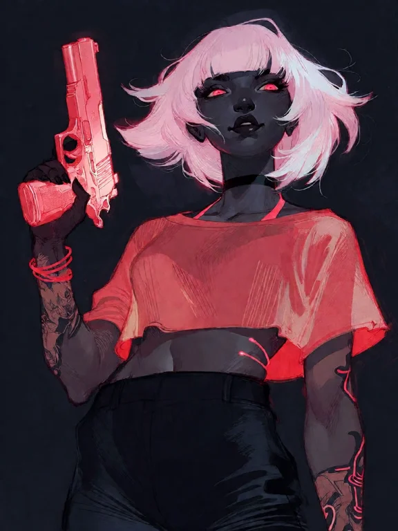 Bradhamel Art Style. A Cyberpunk Femme With Short, Glowing P...