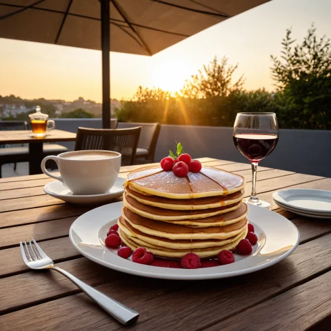 Foodsunriseterrace2, Product Photography Of A Stack Of Panca... — SDXL AI Prompt: foodsunriseterrace2, product photography of a stack of pancakes, On an outdoor t...