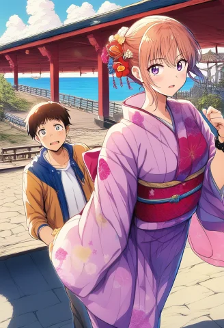Masterpiece, Best Quality, 1girl, 1boy, Purple Eyes, Kimono,... — Stable Diffusion AI Prompt: masterpiece, best quality, 1girl, 1boy, purple eyes, kimono, wristband, gloves,...