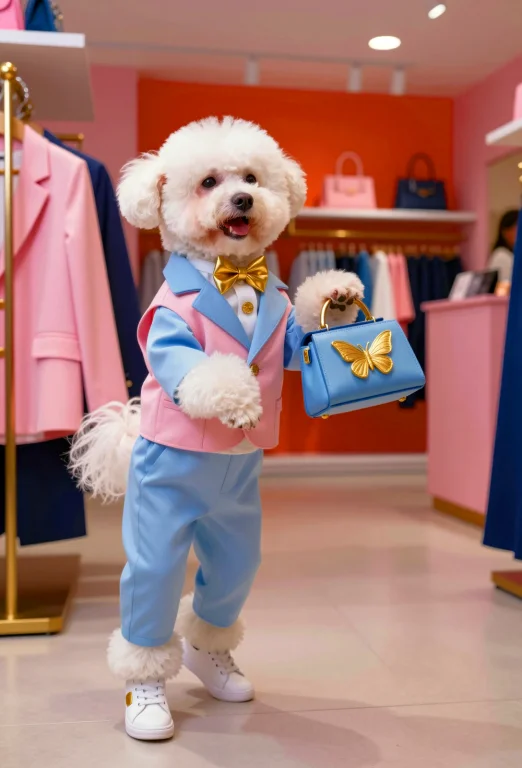 A Small, Fluffy White Dog Dancing Joyfully In A Well-lit, Mo...
