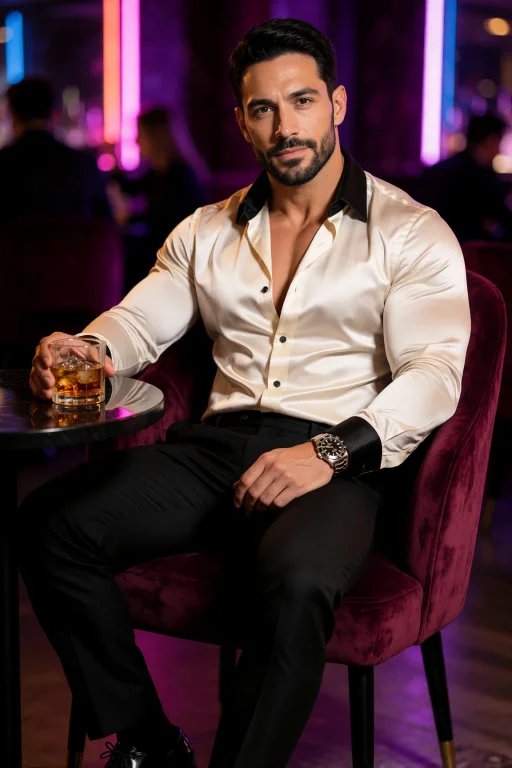 A Man With Neatly Styled Dark Hair And A Trimmed Beard Sits...