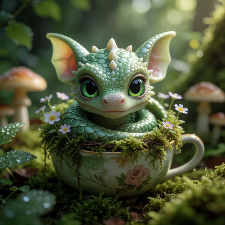 A Tiny Baby Dragon With Round Emerald Eyes, Soft Pearly Gree...