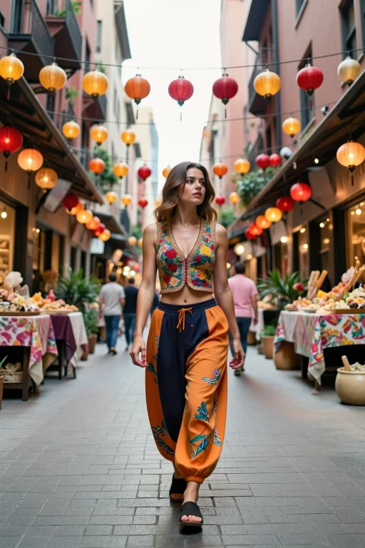 A Young Woman Walks Along A Market Street Of Hanging Lantern...