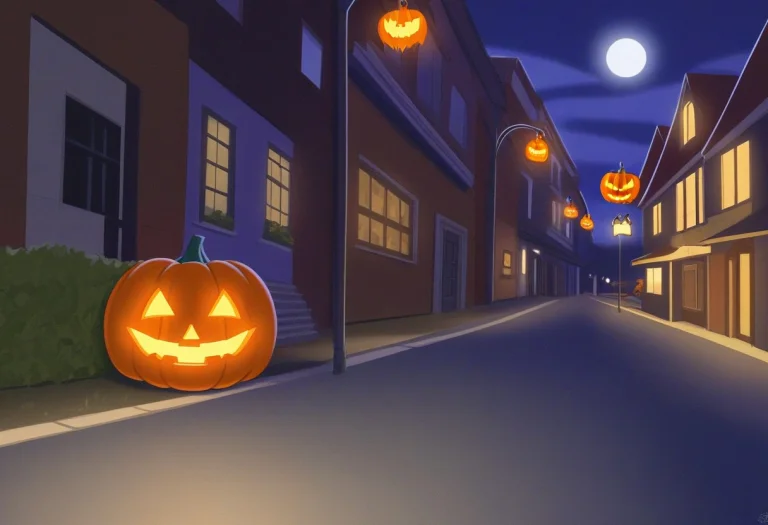 Halloween Night, Neighborhood Street, Jack-o-lanterns, Hallo...