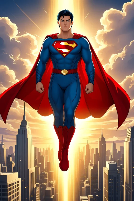 Superman Hovering Above A Sunlit City Skyline, Iconic Blue S...