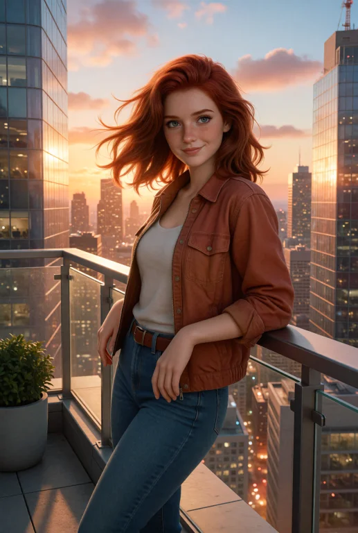 L33na Stands On A Rooftop Terrace Overlooking A Glowing City...