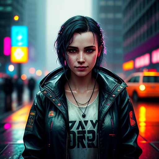 Cyberpunk Smiling Girl, Under Rain, Short Jacket, Dramatic,...