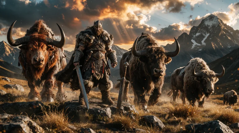 Epic Barbarian King Warrior Standing Resolutely Amidst Two M...