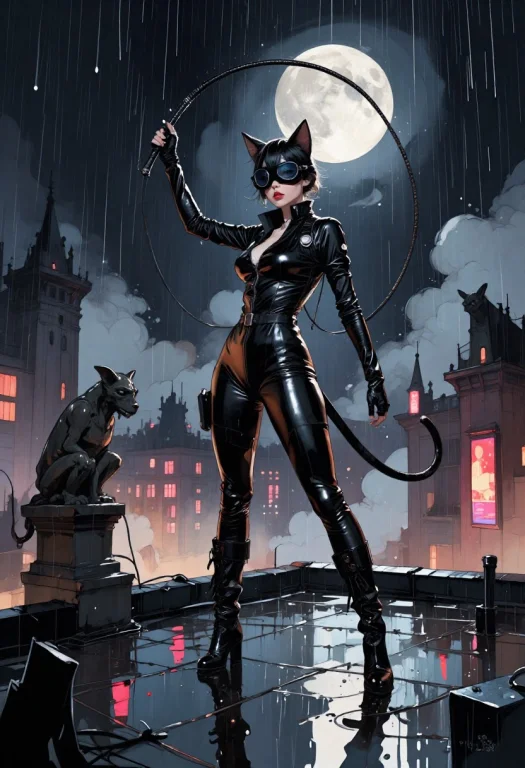 A Striking Feline-themed Heroine Stands On A Rain-soaked Roo...