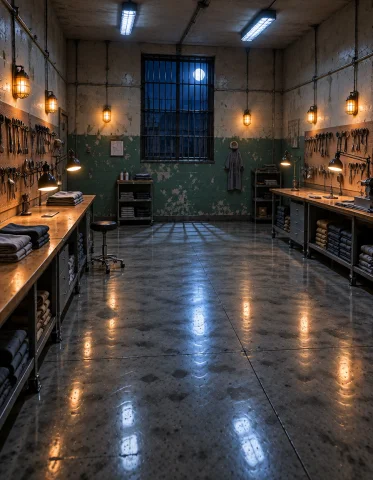 W0m3ns Pr1s0n, Photorealistic, Empty Prison Workshop At Nigh... — Stable Diffusion AI Prompt: w0m3ns pr1s0n, photorealistic, empty prison workshop at night, frontal view, lon...
