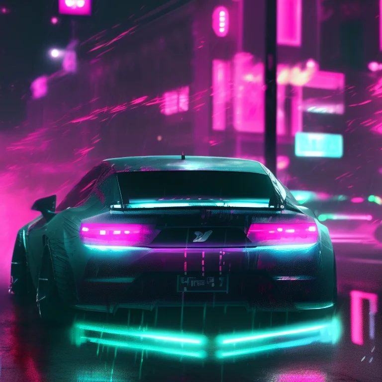 A Photo Of A Car Driving Down A Street At Night With Neon Li...