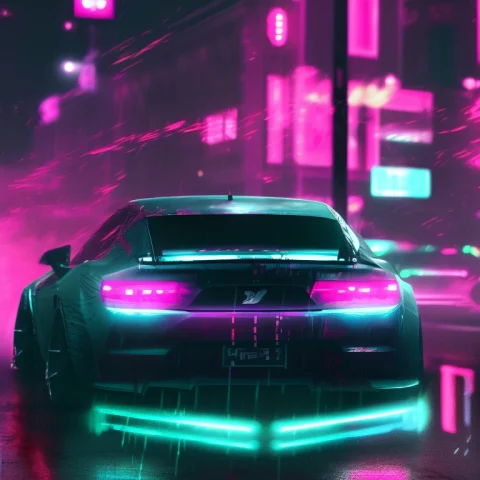 A Photo Of A Car Driving Down A Street At Night With Neon Li... — Stable Diffusion AI Prompt: a photo of a car driving down a street at night with neon lights on it's side an...