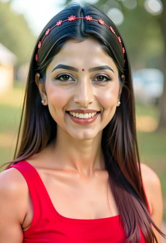 Close-up Portrait Of A Smiling South Asian Woman With Long S... — FLUX AI Prompt: Close-up portrait of a smiling South Asian woman with long straight dark hair ad...