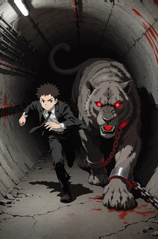 A Young Anime Human In A Frayed Black Suit Sprints Down A Cl...