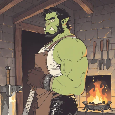 1man, Solo, Blacksmith, Half-orc, Large, Muscular, Broad Sho... — Stable Diffusion AI Prompt: 1man, solo, blacksmith, half-orc, large, muscular, broad shoulders, grayish gree...
