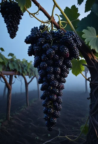 8k, Raw Digital Photo, Blackberryworld Grape Cluster, Hangin... — SDXL AI Prompt: 8k, Raw digital photo, blackberryworld grape cluster, hanging from an ancient vi...