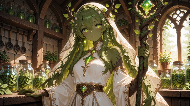 An Adult Dryad With Moss-green Hair Dotted With Tiny Flowers...