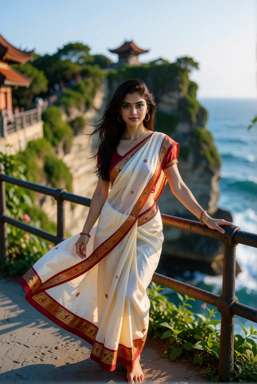 A Young Woman Leans On A Railing Of A Cliff Temple Above The...
