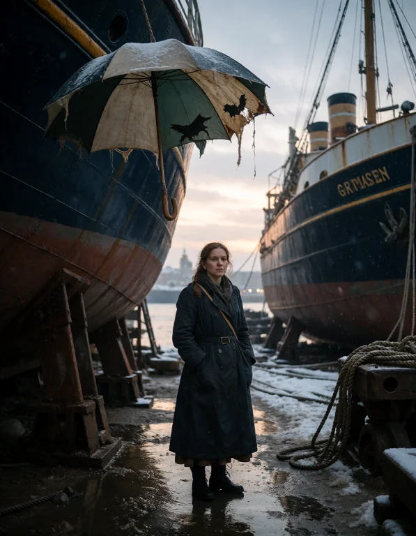 Create A Refined Vertical Scene Depicting A Women-run Shipya...