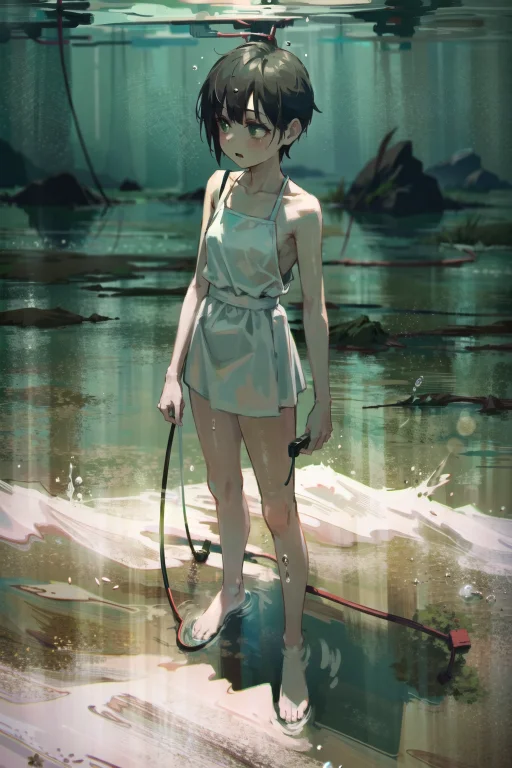 1girl, Brown Hair, Cable, Green Eyes, Science Fiction, Short...