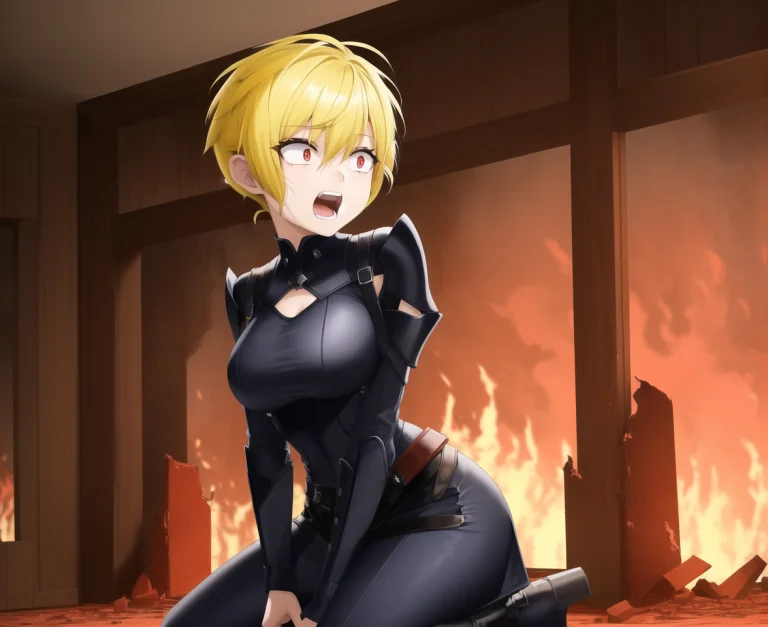 Person On Their Knees In A Burning Room, Kneeling, Full Body...