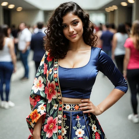 A College-aged South Asian Woman With Curly Voluminous Side... — Stable Diffusion AI Prompt: a college-aged south asian woman with curly voluminous side parted hair, standin...