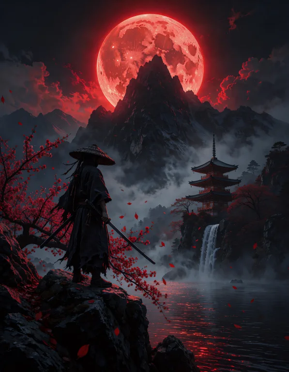 A Lone Samurai Warrior Clad In Tattered Black Traveling Robe...