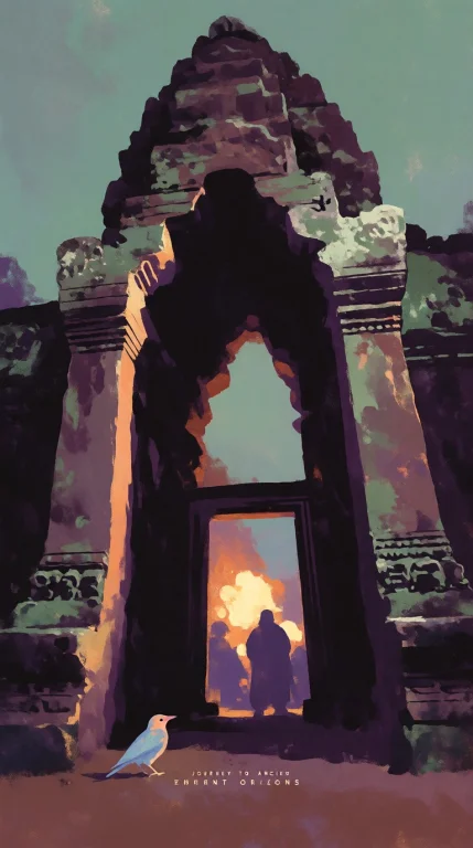 Stylized Illustration, Brush Strokes Ancient Stone Temple Ga...