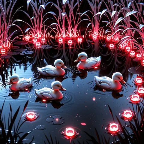 Ducklings In A Pond Made Of White And Whit Red Glow, Whiteem... — SDXL AI Prompt: ducklings in a pond made of white and whit red glow, WhiteEmber