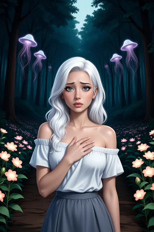 Woman Upper Body, White Hair, Hand On Chest, Worried, , Wear...