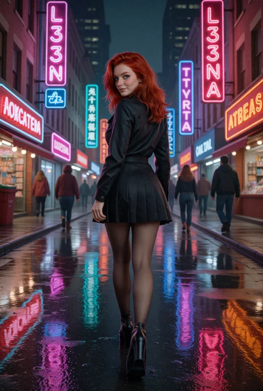 A Photograph Of L33na, She Walks Through A Neon-lit City Str...