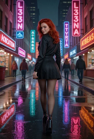 A Photograph Of L33na, She Walks Through A Neon-lit City Str... — Stable Diffusion AI Prompt: A photograph of l33na, she walks through a neon-lit city street after rainfall....