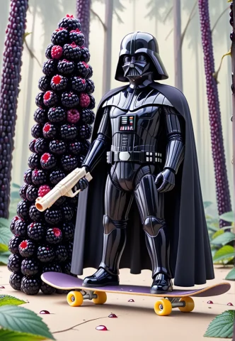 A Darth Vader Figure, Crafted From Blackberries With Purple... — SDXL AI Prompt: A Darth Vader figure, crafted from blackberries with purple accessories includin...