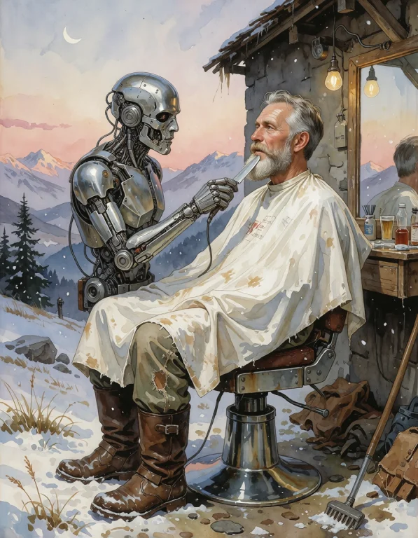 Create A Refined Vertical Scene Depicting A Village Cyborg B...