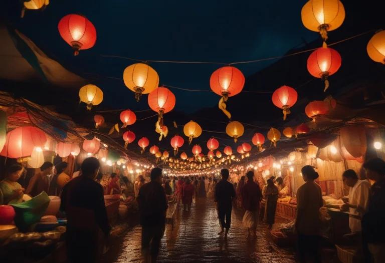 A Bustling Night Bazaar Strung With Paper Lamps, Expressive...