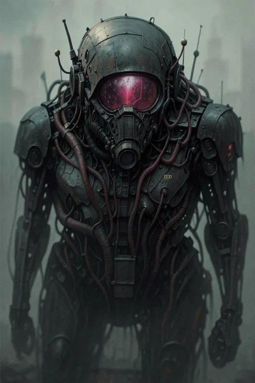 A Heavily Armored Robotic Figure With Glowing Eyes And Expos...