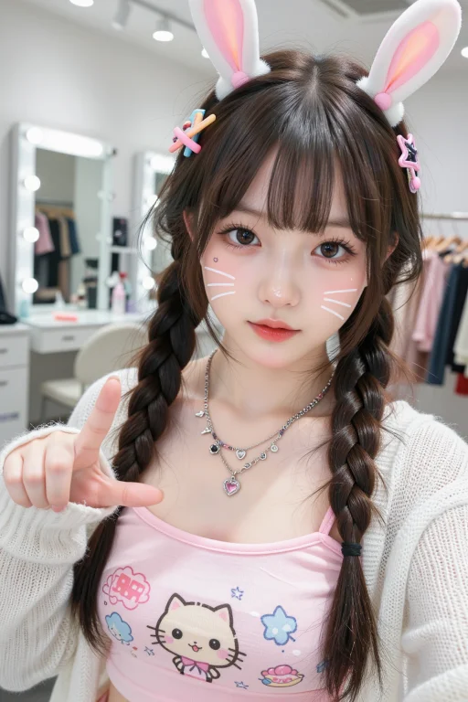超写实手机前置自拍，二次元甜系少女，深棕色双麻花长辫，齐刘海...
